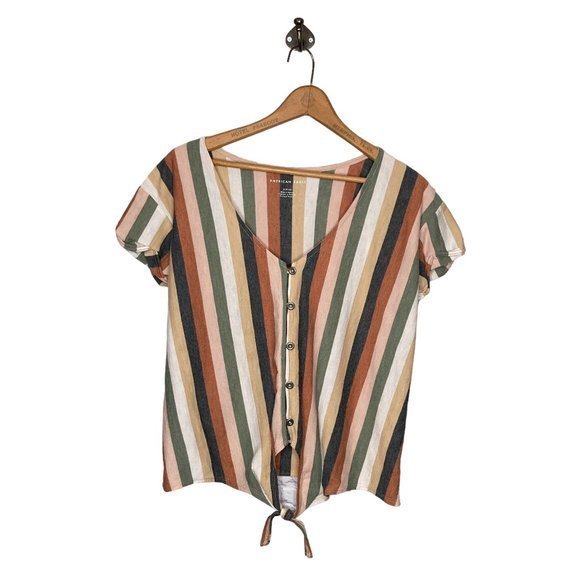 American Eagle Small S Orange Striped Linen Blend Tie Front Button Front Top - Picture 2 of 5